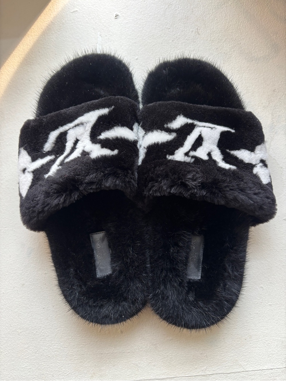Louis Vuitton Black and White Faux-Fur Slide Slippers